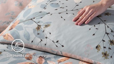 Peach Leaves on Sage Cotton Reversible Queen Comforter Set