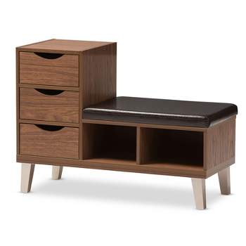 Arielle Modern and Contemporary Wood 3 - Drawer Shoe Storage Padded Leatherette Seating Bench with Two Open Shelves - "Walnut" Brown - Baxton Studio