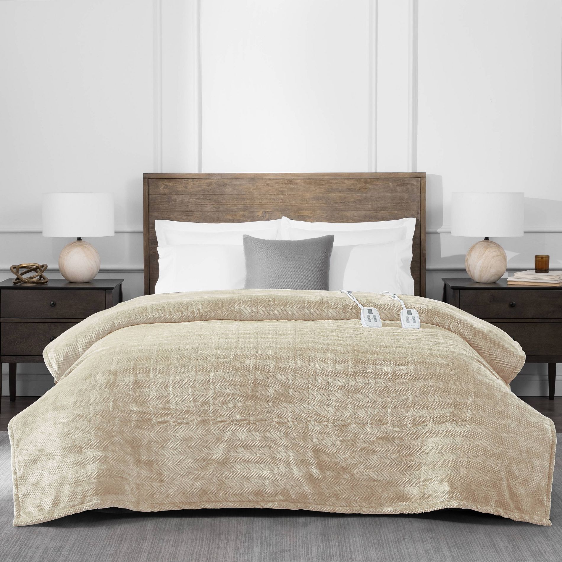 Brookstone Full/Queen Heated Micro Herringbone Blanket Taupe