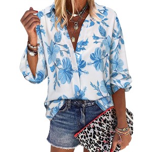 Nlife Women Lapel Collar Floral Print Button Down Long Sleeve Elastic Cuff Shirt - 1 of 4