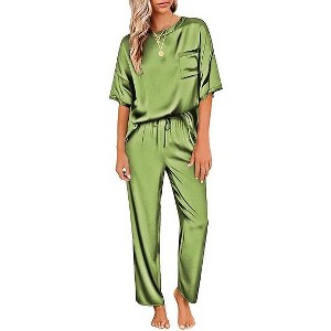 Ekouaer Womens Satin Silky Pajama Set Short Sleeve Shirt with Long Pajama Pant Set Soft PJ Loungewear - 1 of 2