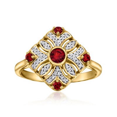 Ross-Simons 0.30 ct. t.w. Garnet and .10 ct. t.w. Diamond Vintage-Style Ring in 18kt Gold Over Sterling