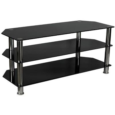 Mount-It! Glass TV Stand for Flat Screen Televisions Fits 40 - 60 Inch LCD, LED, OLED, 4K TVs | Three Tempered Glass Shelves | Black