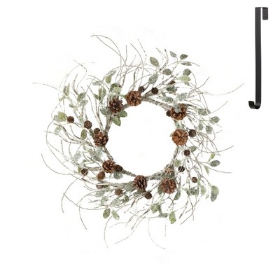 Sullivans Birch Leaf and Pinecone Wreath and Hanger Set 30"H Wreath 14"H Hanger, White and Black