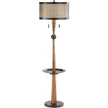 Franklin Iron Works Rustic Vintage Floor Lamp with Table and USB 64.75" Tall Painted Bronze Faux Wood Oatmeal Linen Drum Shade Living Room