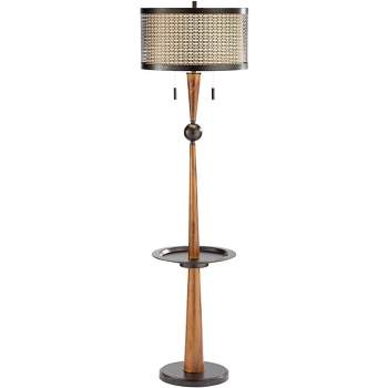 Franklin Iron Works Hunter Rustic Floor Lamp with Tray Table 64 3/4" Tall Faux Wood Bronze USB Charging Port Oatmeal Linen Drum Shade for Living Room