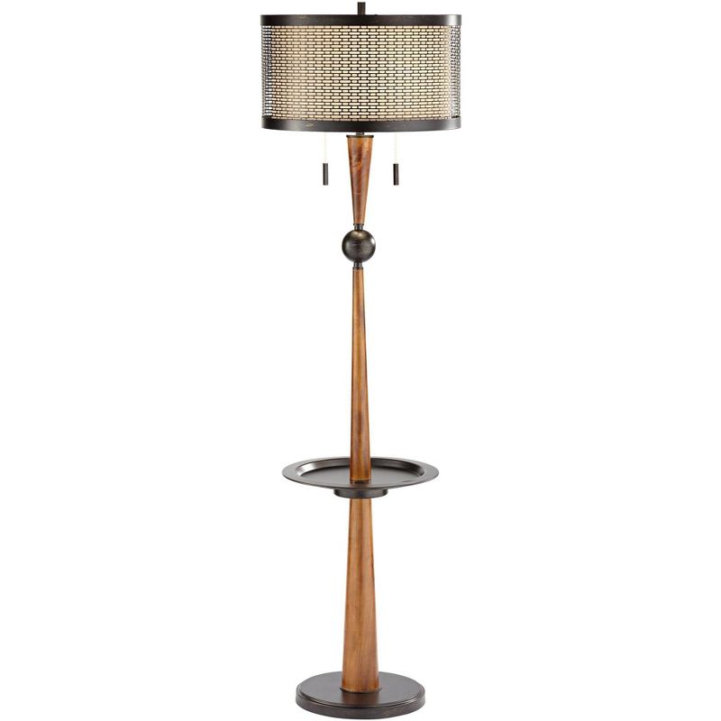 Franklin Iron Works Hunter Rustic Floor Lamp with Tray Table 64 3/4" Tall Faux Wood Bronze USB Charging Port Oatmeal Linen Drum Shade for Living Room, 1 of 10