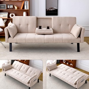 QingMoon 70" Convertible Sofa Bed, Foldable 2-Seater Futon Couch, with 2 Cup Holders, 2 Pillow and Side Storage for Living Room, Apartment - 1 of 4
