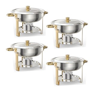 GustoWave 5.3 Qt. Stainless Steel Round Chafing Dish Buffet Set with Food & Water Pan & Gold Stand - 1 of 4