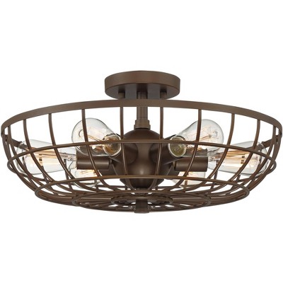 Franklin Iron Works Rustic Farmhouse Ceiling Light Semi Flush Mount Fixture Oiled Bronze 18" Wide 6-Light Open Basket Cage Bedroom