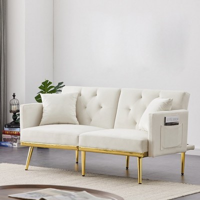 59" Velvet Futon Sofa Bed, Modern Convertible Loveseat Sofa With 2 Pillow, Sleeper Sofa with Adjustable Backrest for Guest Room Bedroom
