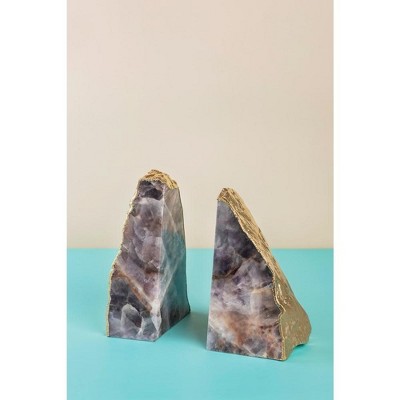 Amethyst and Gold Gilded Stone Bookends, Set of 2