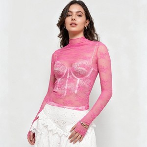 Women’s Floral Lace Slim-Fit Top – Sheer Stretch Tee with Baby Overlock Edge, Versatile Cherie Code - 1 of 4