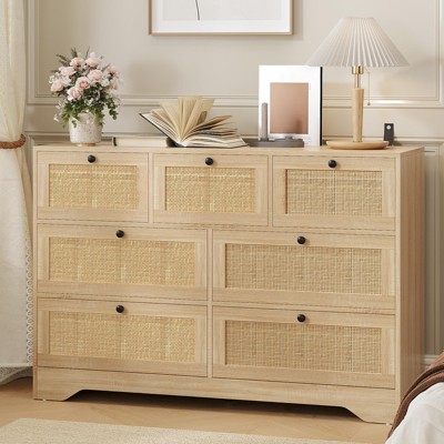 Rattan 7 Drawer Dresser for Bedroom, 51" Wide Chest of Drawers, Beside Table for Closet, Wood Storage Organizer for Living Room Hallway Entryway