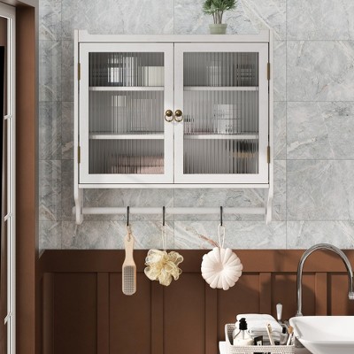 LOVMOR Bathroom Bamboo Wall Cabinet with Towel Rack,Wall Mounted Toilet Storage Box for Bathroom,Kitchen,Living Rooms and Dining Rooms