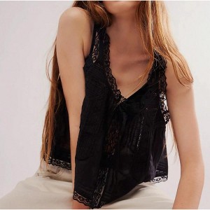 Nmoder  Women Summer Beach Vacation Boho Tie Front Tank Crop Tops Sleeveless Ruffled Lace Trim Scoop - 1 of 4
