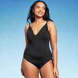 Women's V-Neck Shirred Medium Coverage One Piece Swimsuit - Kona Sol™ Black