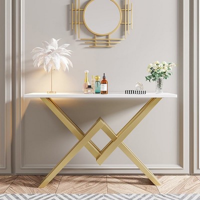 Yukimo 47.2" Narrow Rectangle White Console Table with Pine Wood Top and Gold Metal Base - Slim Hallway Entryway Table