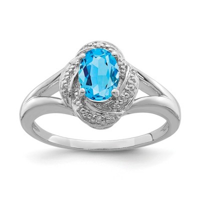 Black Bow Jewelry Sterling Silver .01 Ctw (H-I, I2-I3) Diamond & Oval Blue Topaz Ring