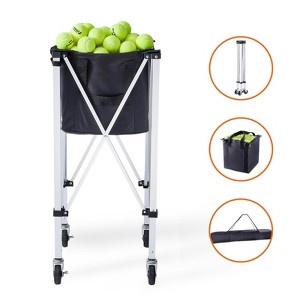 VEVOR Foldable Tennis Ball Hopper, Holds 180 Tennis Balls, Lightweight Aluminum Alloy Tennis Ball Basket Cart with Wheels, Black+Silver - 1 of 4