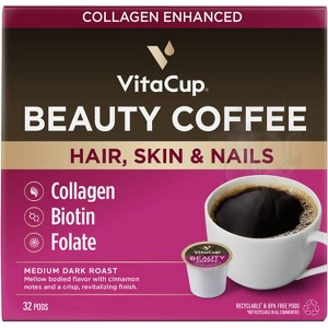 VitaCup Beauty Collagen Coffee Pods w/ Biotin for Hair, Skin & Nails Medium Dark Roast - 32ct - 1 of 4