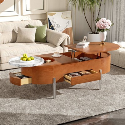 Chic Crate-Modern Lift Top Coffee Table with Marble Rotating Tray & Hidden Compartment - Oval Wooden Design for Living Room (47")