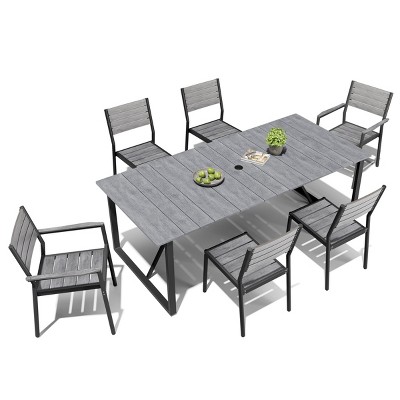 Crestlive Products 7pc Aluminum Patio Dinning Set 82.68in Table and 6 Chairs Plastic Wood Top with Umbrella Hole for Outdoor Pool Lawn