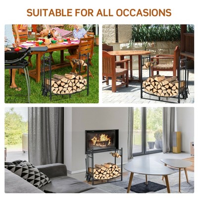 Black Steel Firewood Rack with 4-Piece Tool Set and Kindling Holders