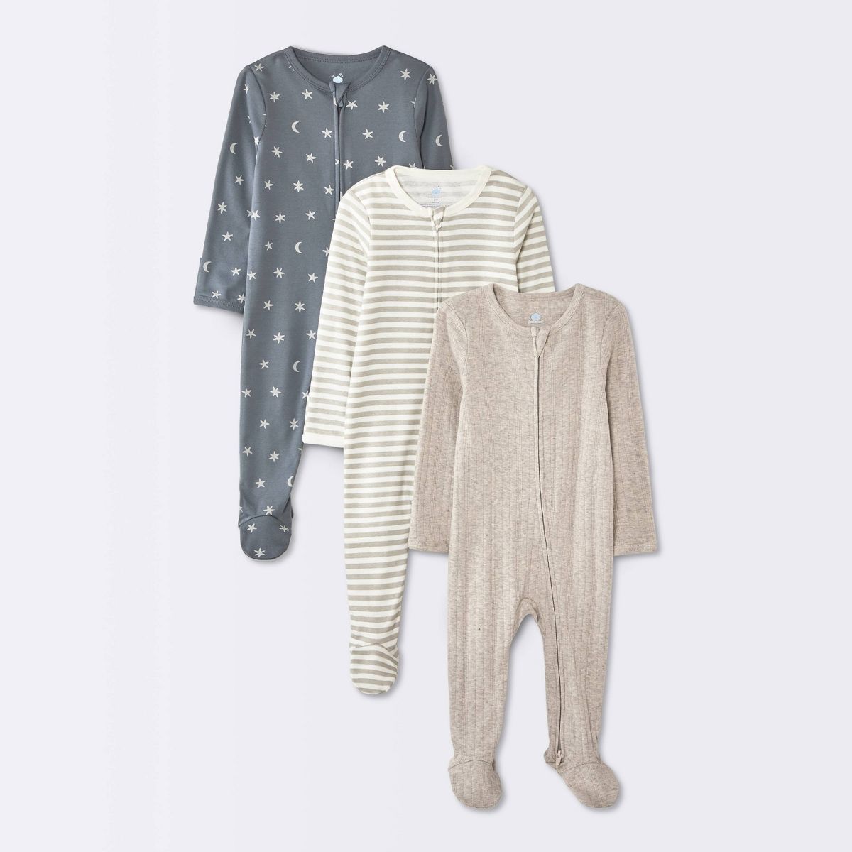Baby 3pk Moons Long Sleeve Sleep N' Play Footed Pajamas - Cloud Island™ Gray