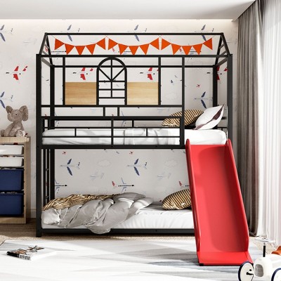 NicBex Twin over Twin Bunk Bed Classic House Shape Loft Bed Metal Bed Frame with Full Length Guardrails, Slide and Ladder, No Box Spring Required, Red