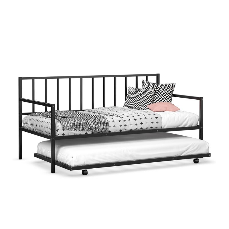 Costway Twin Metal Daybed with Roll Out Trundle Heavy Duty Frame Sofa Bed Set Black, 2 of 11