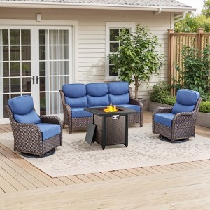 4 Piece Patio Furniture Set with Fire Pit Table, 2 x Swivel Rocker Chair, 1 x 3-Seat Sofa, 5 Seats Outdoor Conversation Set for Lawn Garden Backyard - 1 of 4