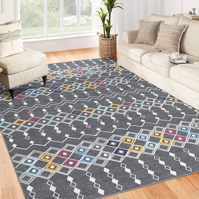 Boho Rug Moroccan Trellis Area Rug Washable Rug Faux Wool Geometric Distressed Carpet