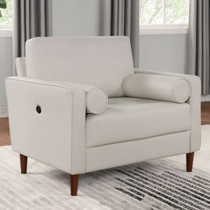 APRILSOUL Off-White Contemporary Style Loveseat, Leatherette Upholstered Bench Style Seating Bolster Pillows - 1 of 4