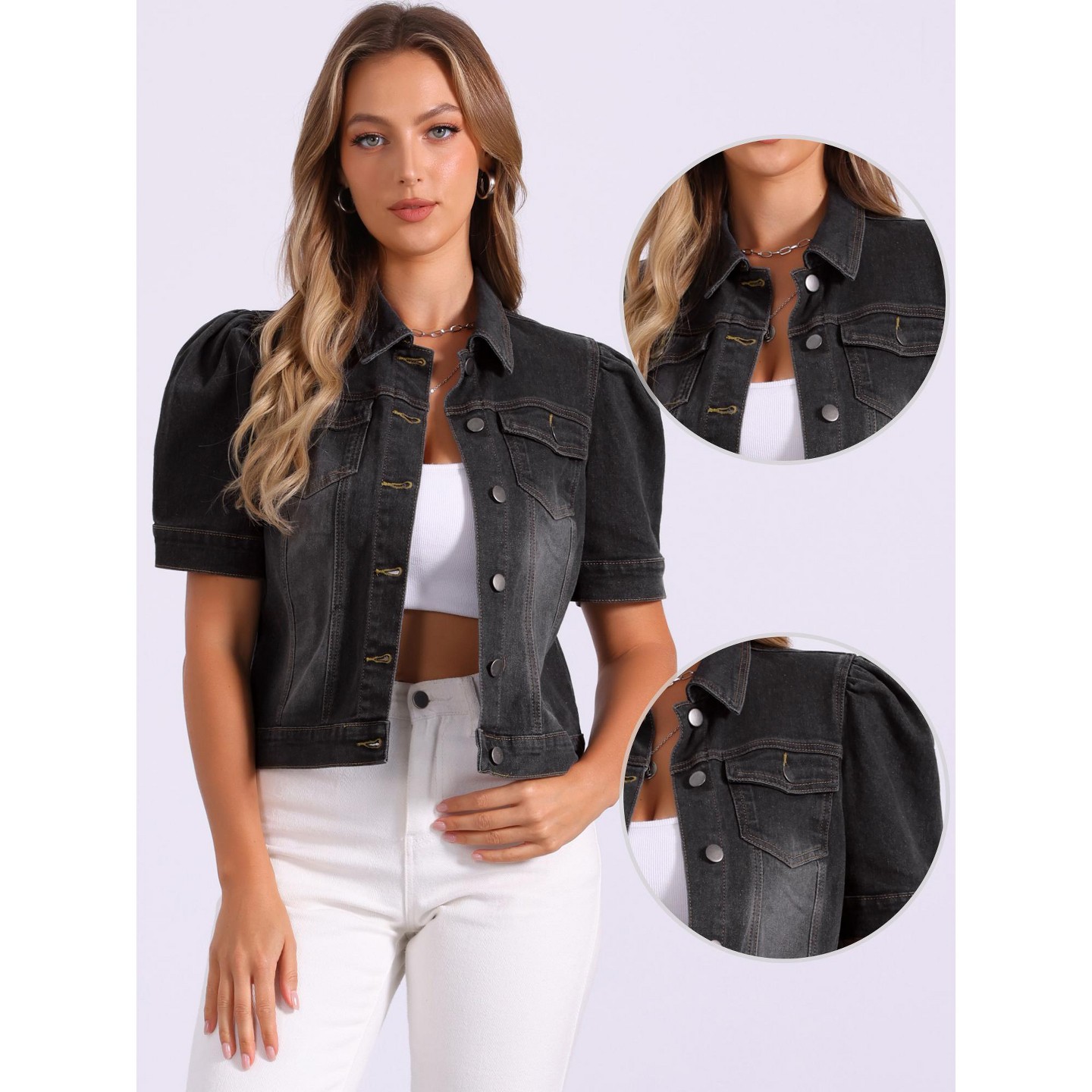 Женская куртка INSPIRE CHIC Casual Short Puff Sleeves Button Down Jean Denim Jacket Large Black, цвет: Джинсовый — фото 2