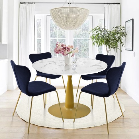 Blue velvet dining chairs and table hot sale