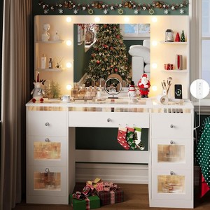 Petrimins 43"W Makeup Vanity Desk with Mirror and 3 Colors LED Lights, Glass Top Dressing Table with 7 Drawers, Vanity Table Set - 1 of 4