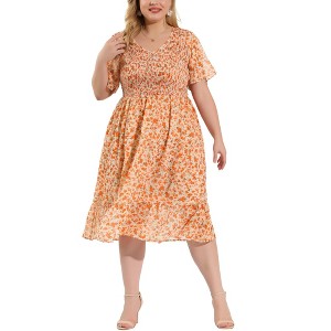 Agnes Orinda Women's Plus Size Elegant Smocked Chiffon Floral Midi A Line Dresses - 1 of 4