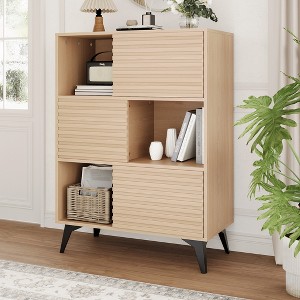 Orieon Modern Accent Cabinet with Doors and 3-Tier Storage, Wooden Buffet Display Cabinet with Metal Legs for Living Room, Dining Room, Natural Wood - 1 of 4