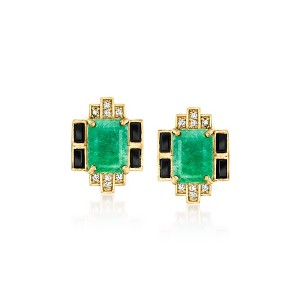 Ross-Simons 3.40 ct. t.w. Emerald and .40 ct. t.w. Black Spinel Earrings With .10 ct. t.w. White Topaz in 18kt Gold Over Sterling - 1 of 3