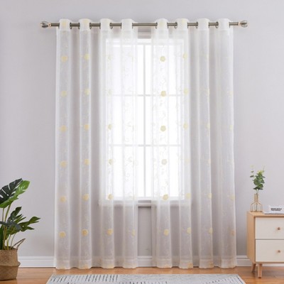 White Semi Sheer Curtains Floral Embroidered Bathroom Window Curtain, Voile Grommet Light Filtering Curtains Treatment