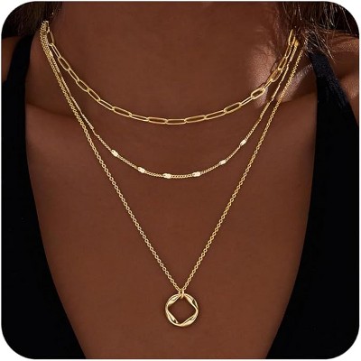 Layered Gold Necklaces for Women - HTUTWOO™ 14K Gold Silver Plated Trendy Circle Paperclip Chain Pendant Choker Necklace, for Everyday Wear