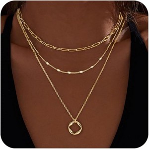 Layered Gold Necklaces for Women - HTUTWOO™ 14K Gold Silver Plated Trendy Circle Paperclip Chain Pendant Choker Necklace, for Everyday Wear - 1 of 4