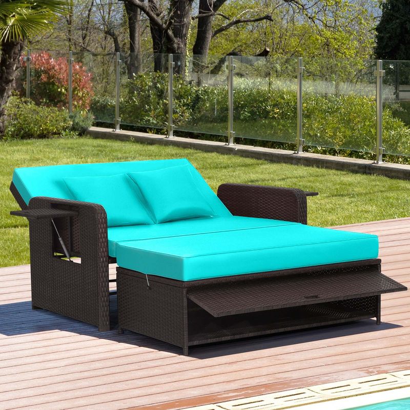 Costway Patio Rattan Daybed Lounge Retractable Top Canopy Side Tables Cushions, 2 of 11
