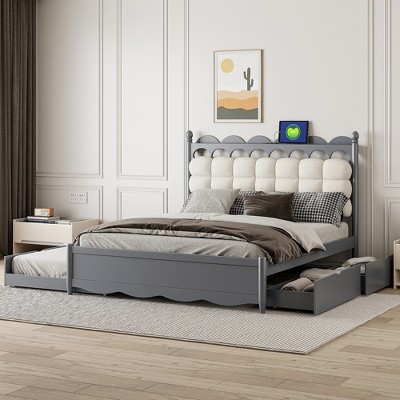 KIGFTSOD Queen Size Wooden Storage Platform Bed, with 2 Big Drawers, Twin-XL Size Trundle, One set of Sockets & USB Ports