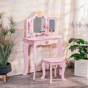Kids Vanity Table & Stool Set, Mirror and Stool, Storage Drawer, Wooden Princess Makeup Dressing Table, Makeup Dressing Table for Girls - 1 of 4