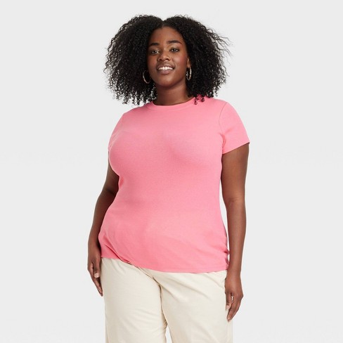 Women's Slim Fit Short Sleeve Ribbed T-Shirt - A New Day™ Pink XXL