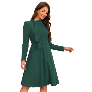 Allegra K Women's Fall Long Sleeve Collar Tie Mock Neck A Line Elegant Midi Dress - 1 of 4