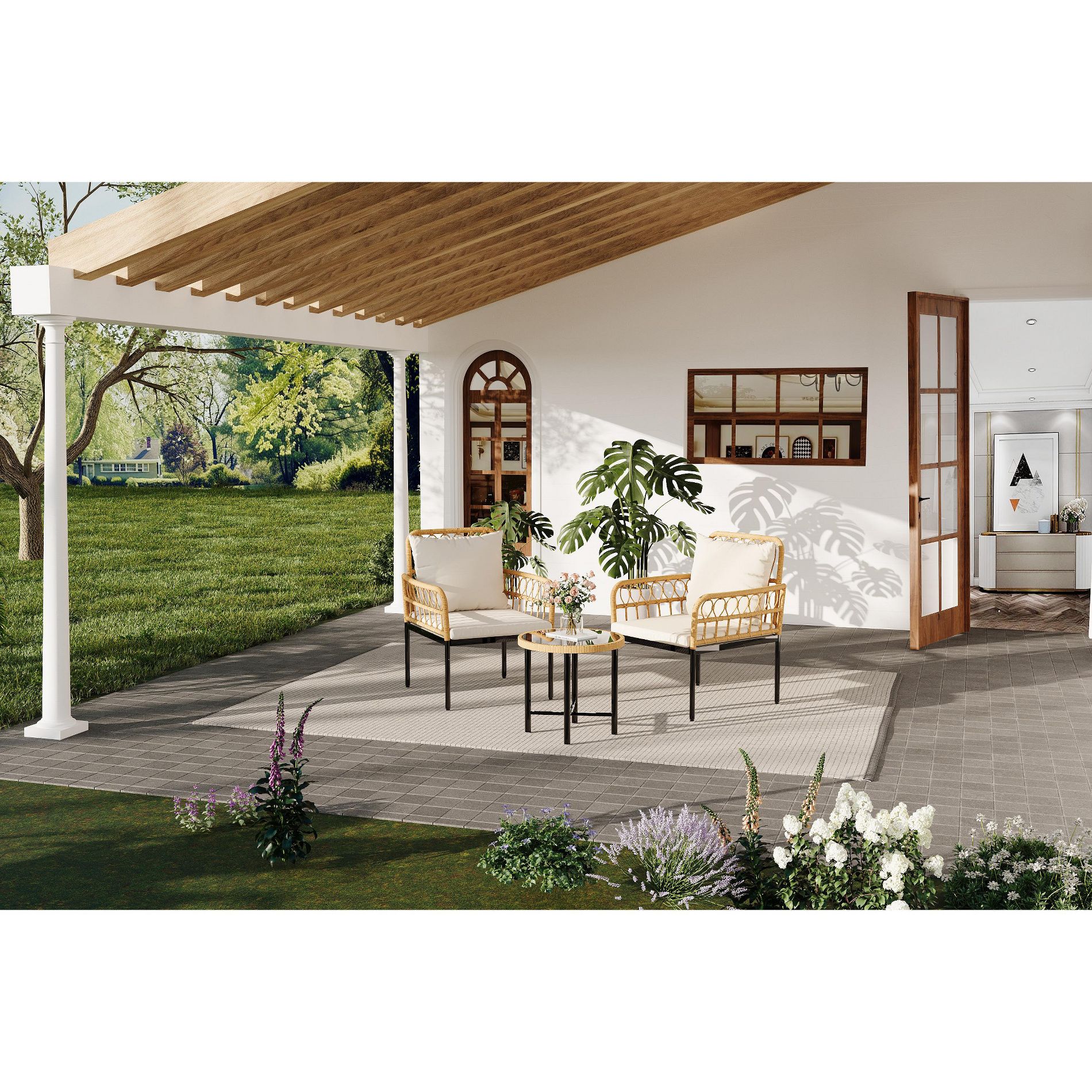 3-Piece Outdoor Bistro Set, PE Rattan Patio Furniture with Tempered Glass Table & 2 Chairs - Boho Style