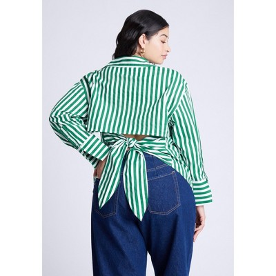 ELOQUII Women's Plus Size Striped Tie Back Button Up Top